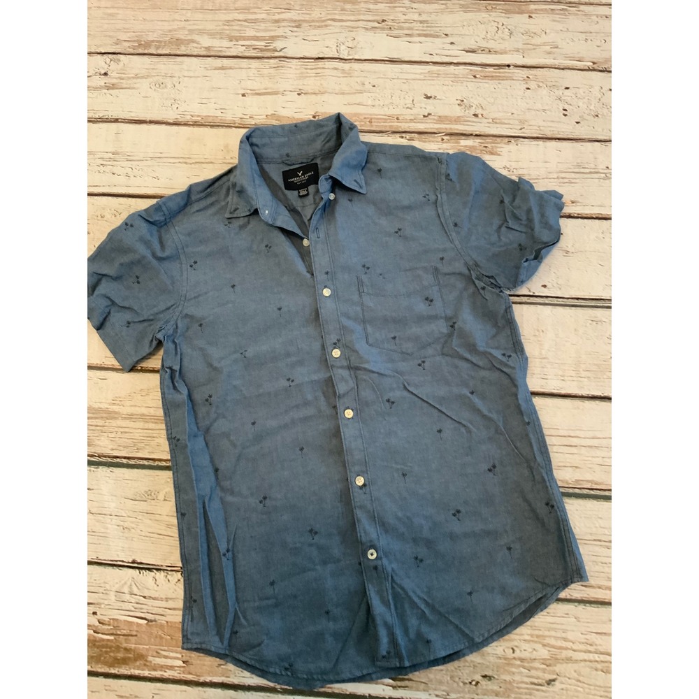 American Eagle Mens Blue Palm Tree Embroidered Short Sleeve Button Down Shirt S